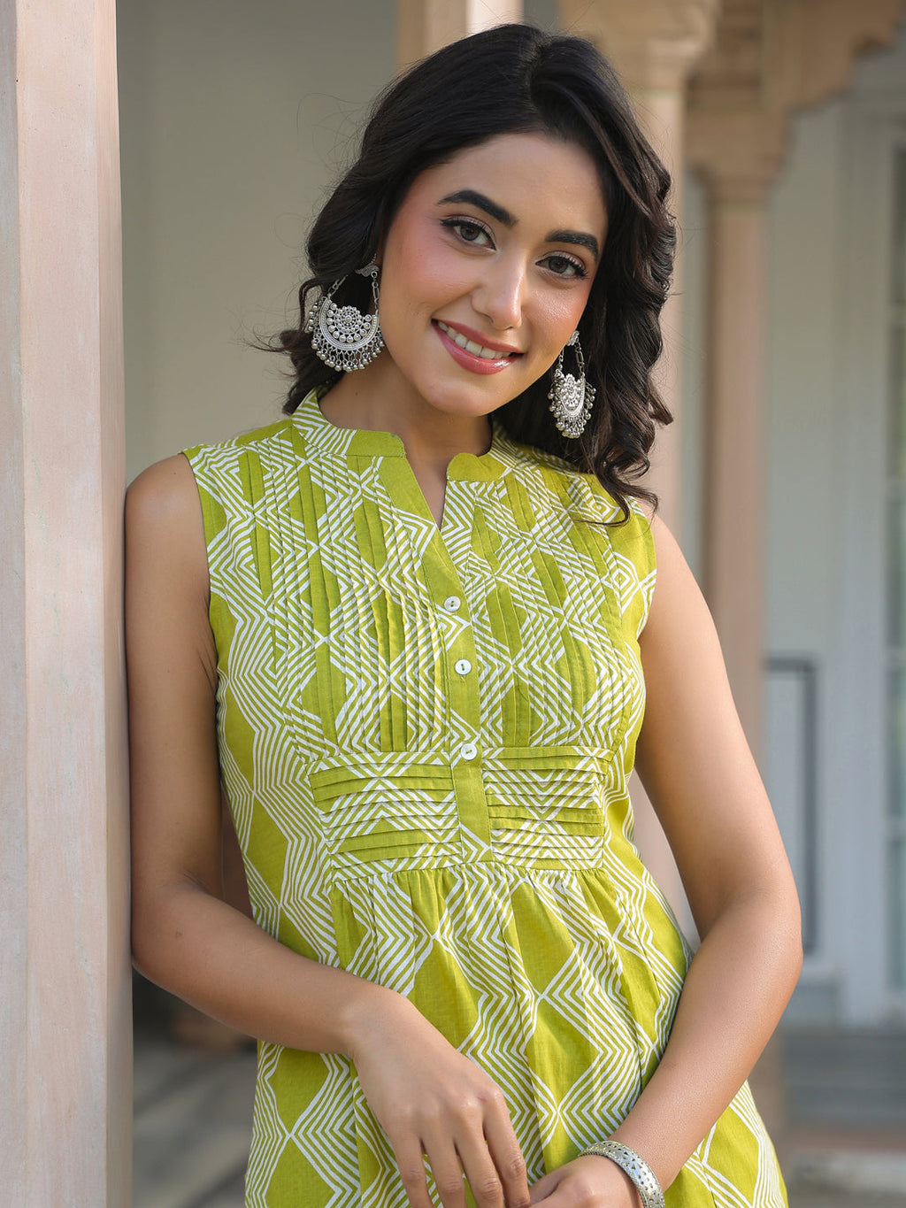 Janasya Bright Cotton Geometric A-Line Kurta Set | Grocsy