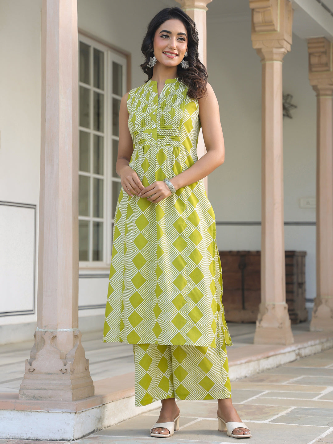 Janasya Bright Cotton Geometric A-Line Kurta Set | Grocsy