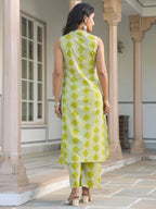 Janasya Bright Cotton Geometric A-Line Kurta Set | Grocsy