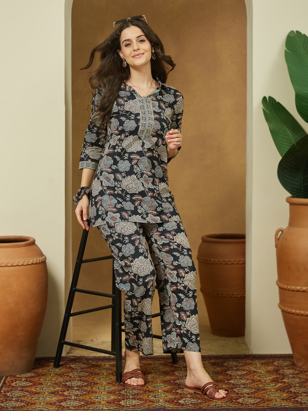 Janasya Dark Cotton Floral Straight Top & Bottom Set | Grocsy