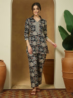 Janasya Dark Cotton Floral Straight Top & Bottom Set | Grocsy