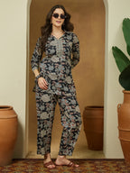 Janasya Dark Cotton Floral Straight Top & Bottom Set | Grocsy