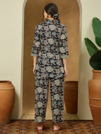 Janasya Dark Cotton Floral Straight Top & Bottom Set | Grocsy