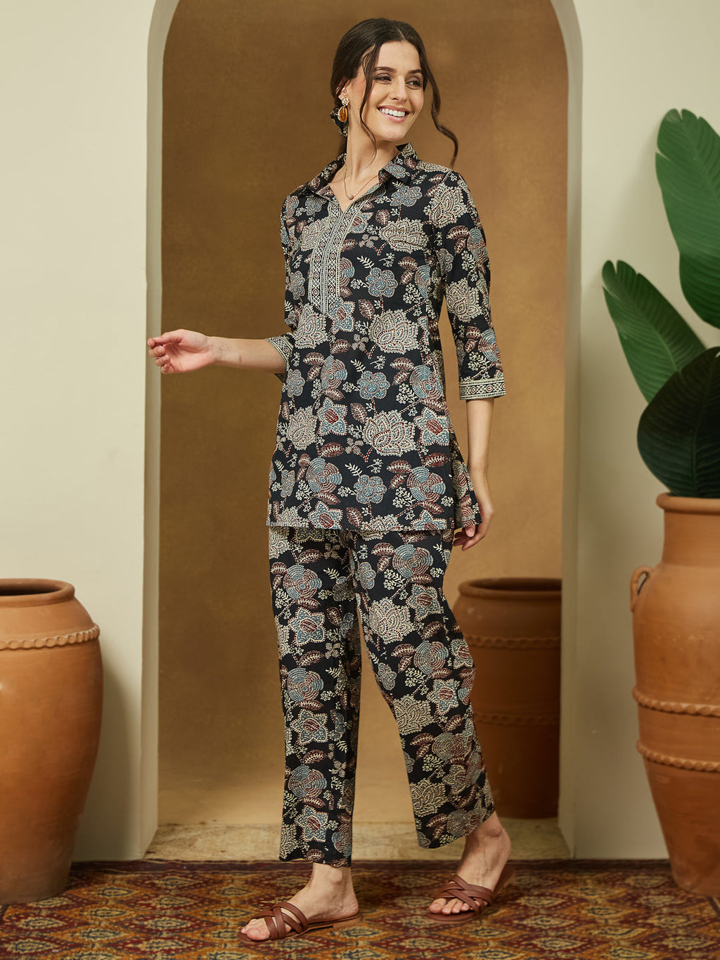 Janasya Dark Cotton Floral Straight Top & Bottom Set | Grocsy