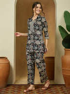 Janasya Dark Cotton Floral Straight Top & Bottom Set | Grocsy