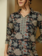 Janasya Dark Cotton Floral Straight Top & Bottom Set | Grocsy