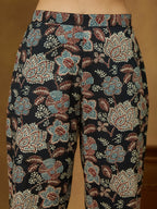 Janasya Dark Cotton Floral Straight Top & Bottom Set | Grocsy