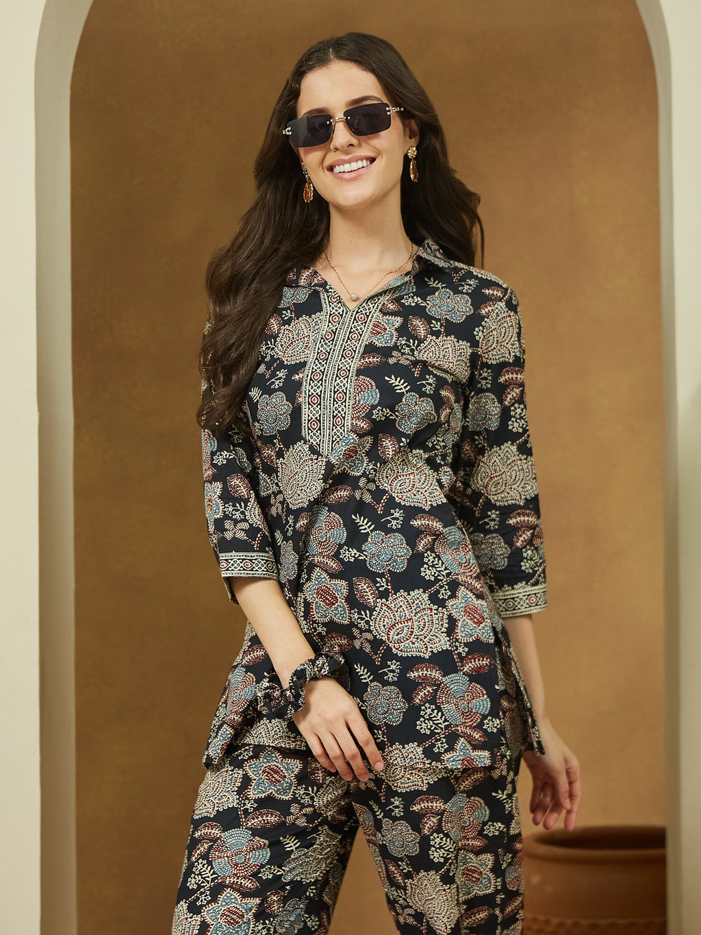 Janasya Dark Cotton Floral Straight Top & Bottom Set | Grocsy