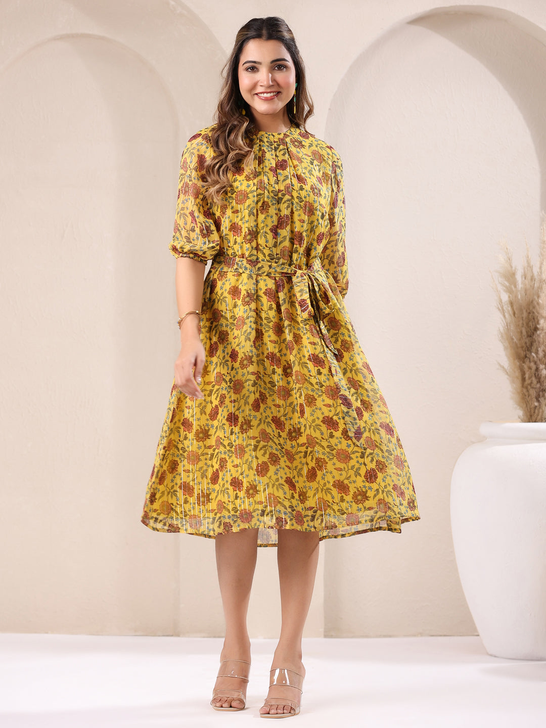 Janasya Bright Georgette Floral A-Line Dress | Grocsy