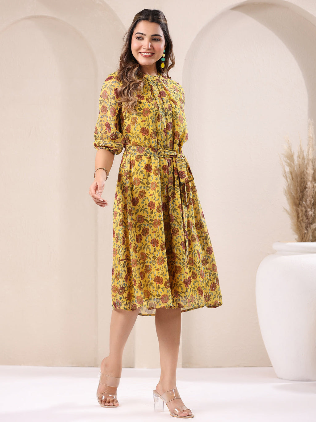 Janasya Bright Georgette Floral A-Line Dress | Grocsy
