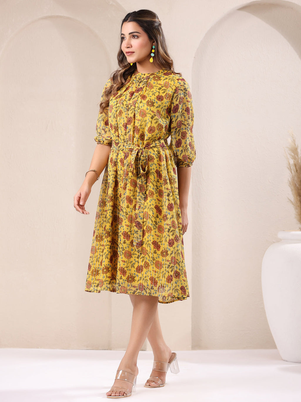 Janasya Bright Georgette Floral A-Line Dress | Grocsy