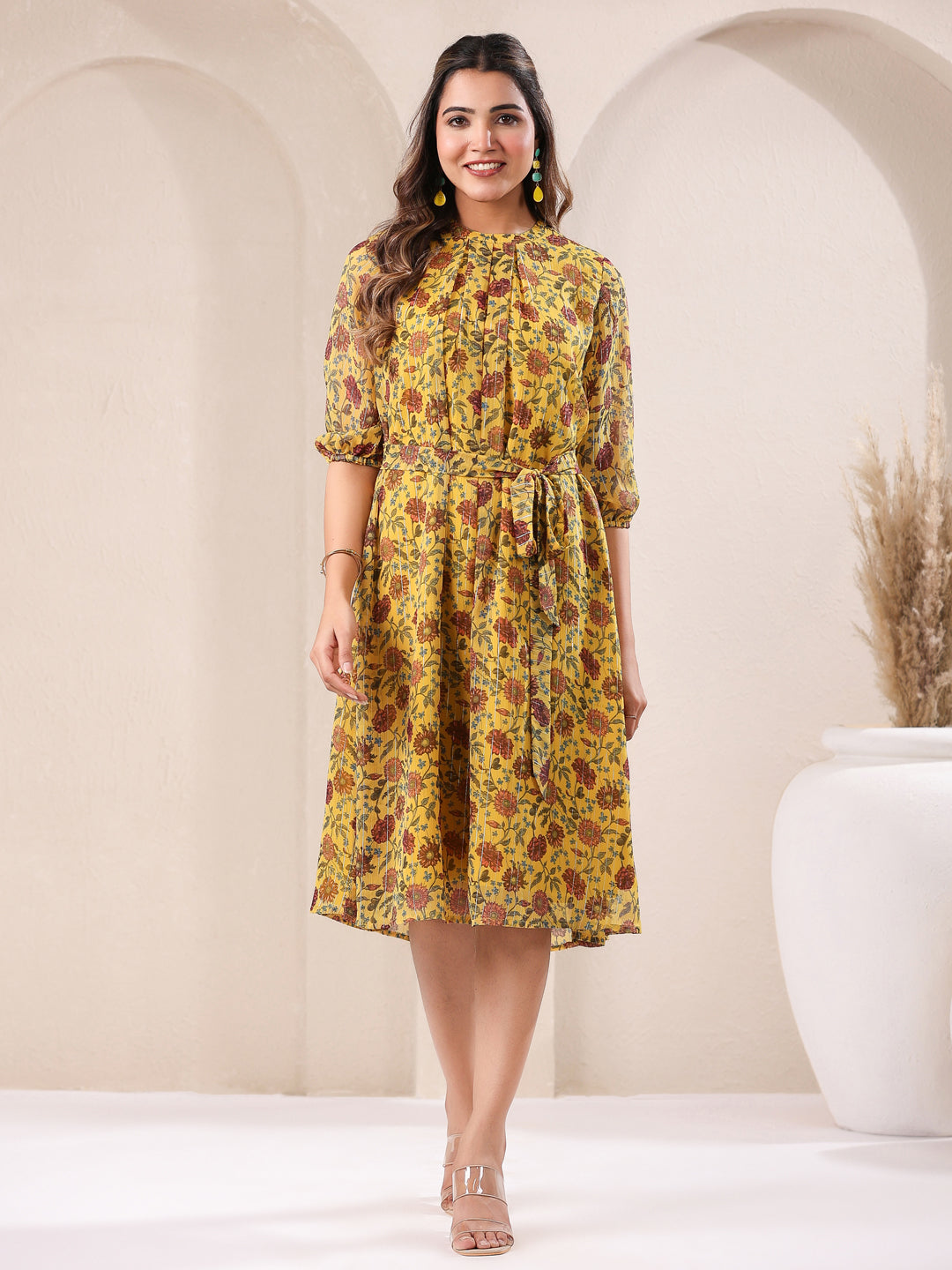 Janasya Bright Georgette Floral A-Line Dress | Grocsy