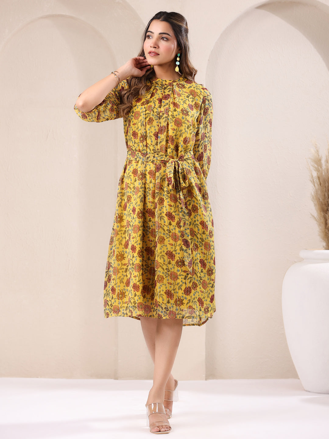 Janasya Bright Georgette Floral A-Line Dress | Grocsy