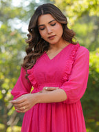 Janasya Bright Dobby Chiffon Self Design Fit & Flare Dress | Grocsy
