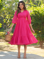 Janasya Bright Dobby Chiffon Self Design Fit & Flare Dress | Grocsy