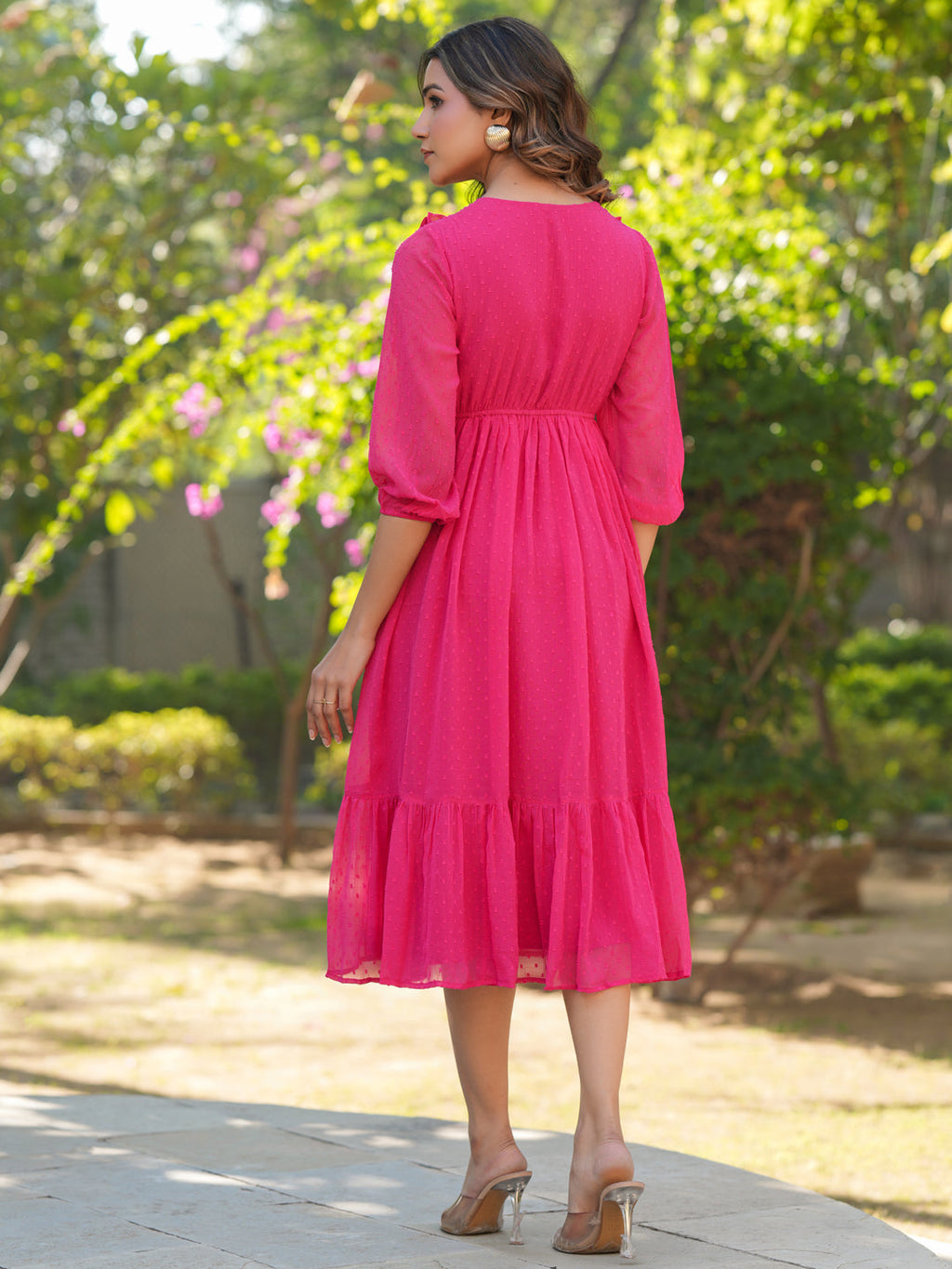 Janasya Bright Dobby Chiffon Self Design Fit & Flare Dress | Grocsy