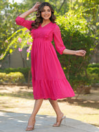 Janasya Bright Dobby Chiffon Self Design Fit & Flare Dress | Grocsy