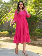 Janasya Bright Dobby Chiffon Self Design Fit & Flare Dress | Grocsy