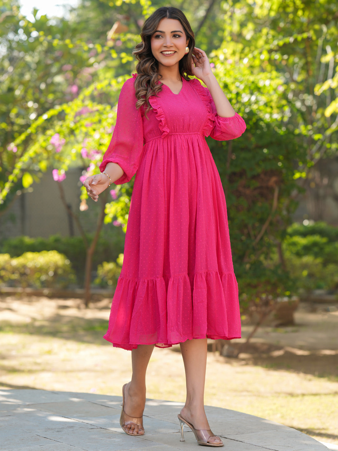Janasya Bright Dobby Chiffon Self Design Fit & Flare Dress | Grocsy
