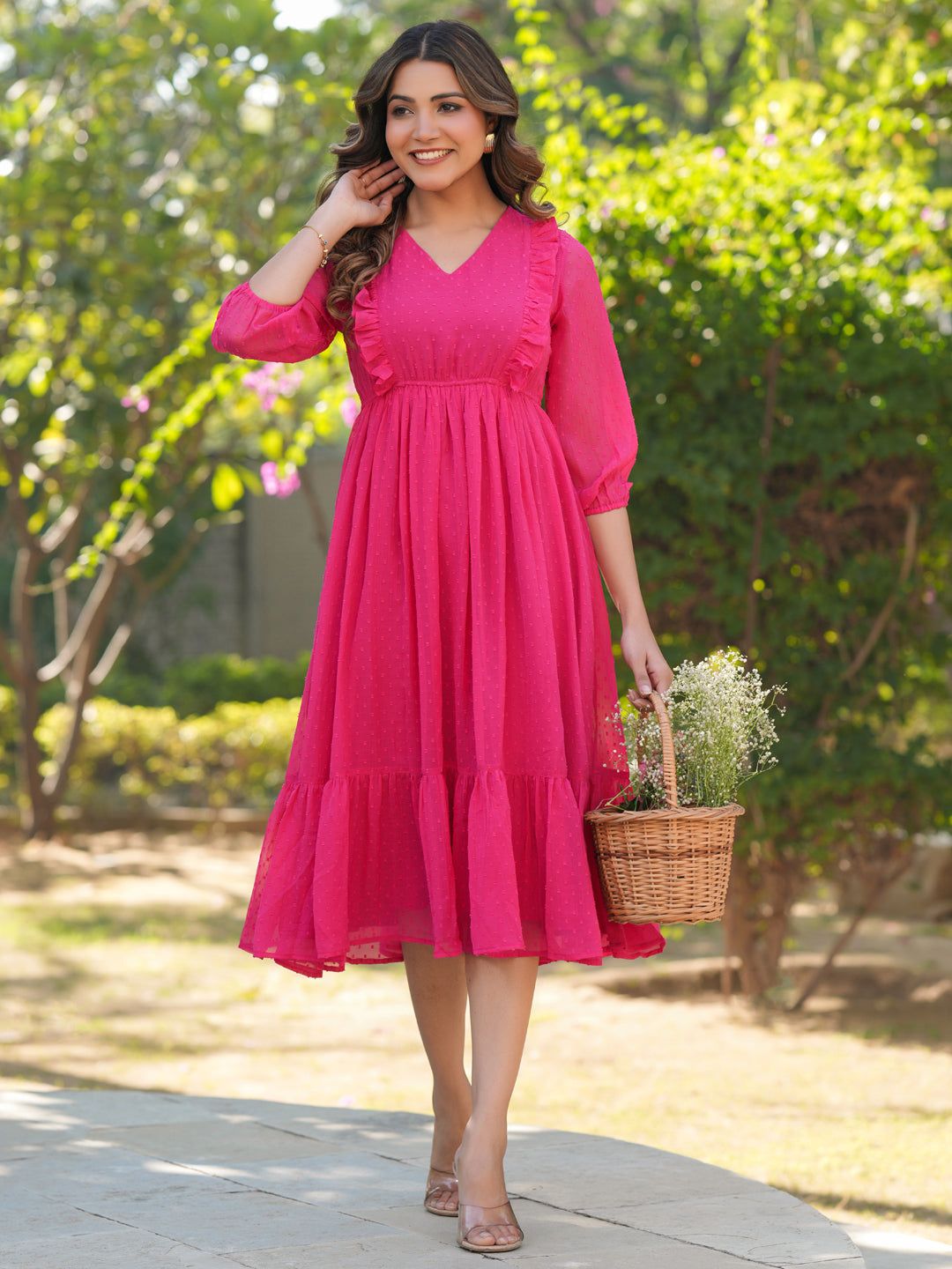 Janasya Bright Dobby Chiffon Self Design Fit & Flare Dress | Grocsy
