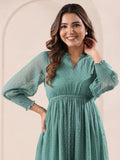 Janasya Dark Dobby Chiffon Self Design Fit & Flare Dress | Grocsy