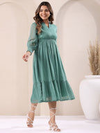Janasya Dark Dobby Chiffon Self Design Fit & Flare Dress | Grocsy