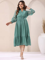 Janasya Dark Dobby Chiffon Self Design Fit & Flare Dress | Grocsy