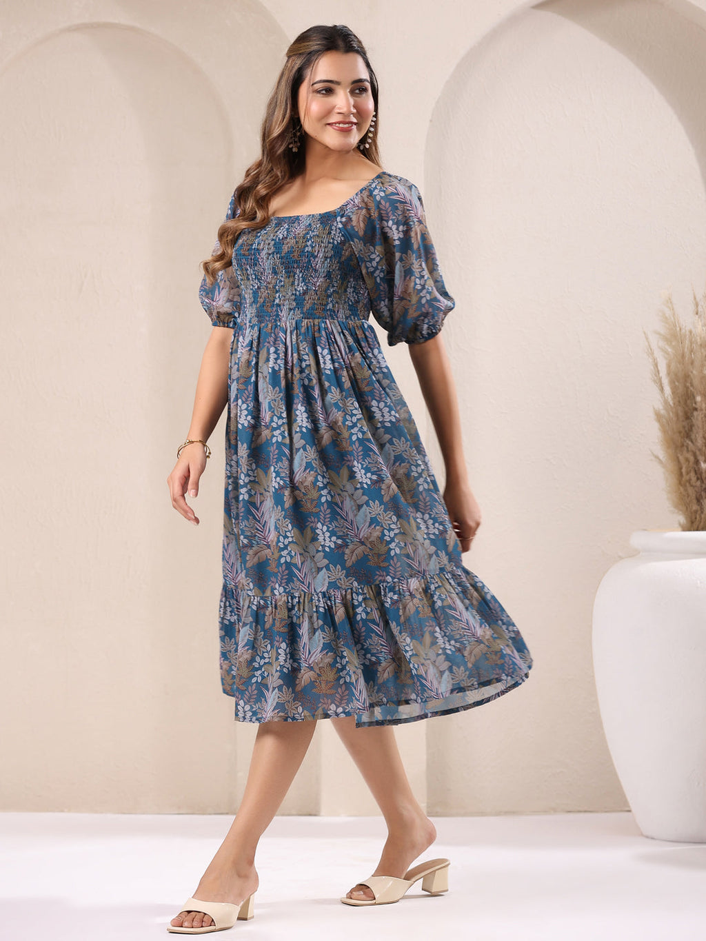 Janasya Dark Georgette Floral A-Line DRESS | Grocsy