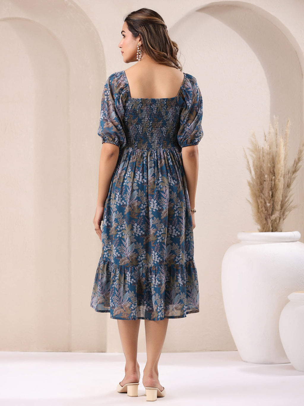 Janasya Dark Georgette Floral A-Line DRESS | Grocsy