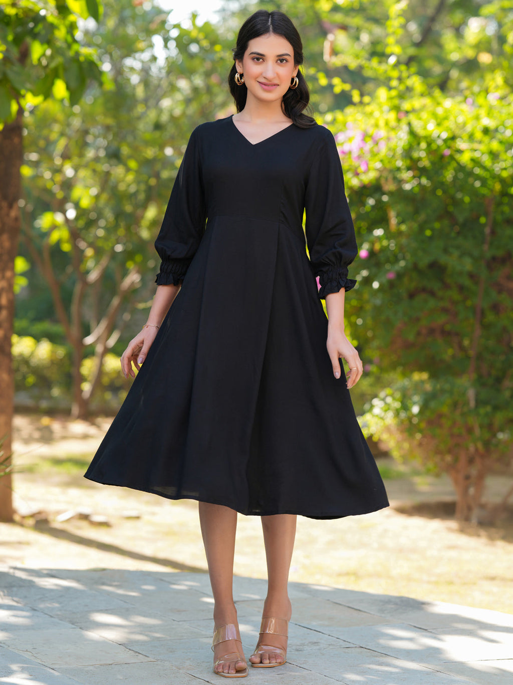 Janasya Dark Rayon Solid A-Line Dress | Grocsy