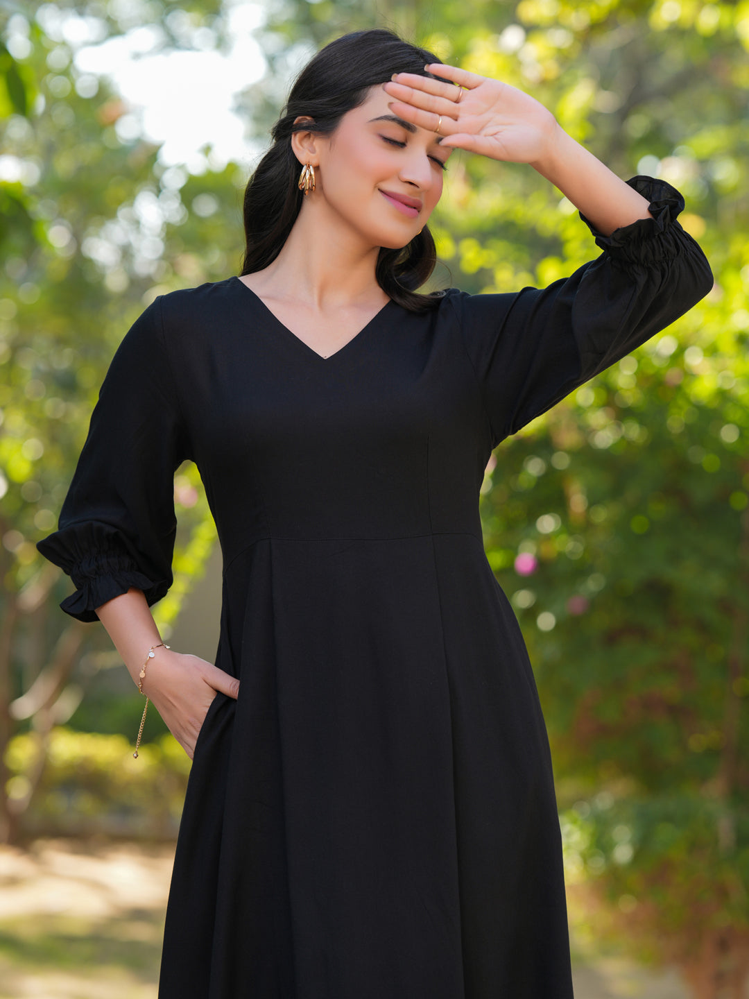 Janasya Dark Rayon Solid A-Line Dress | Grocsy