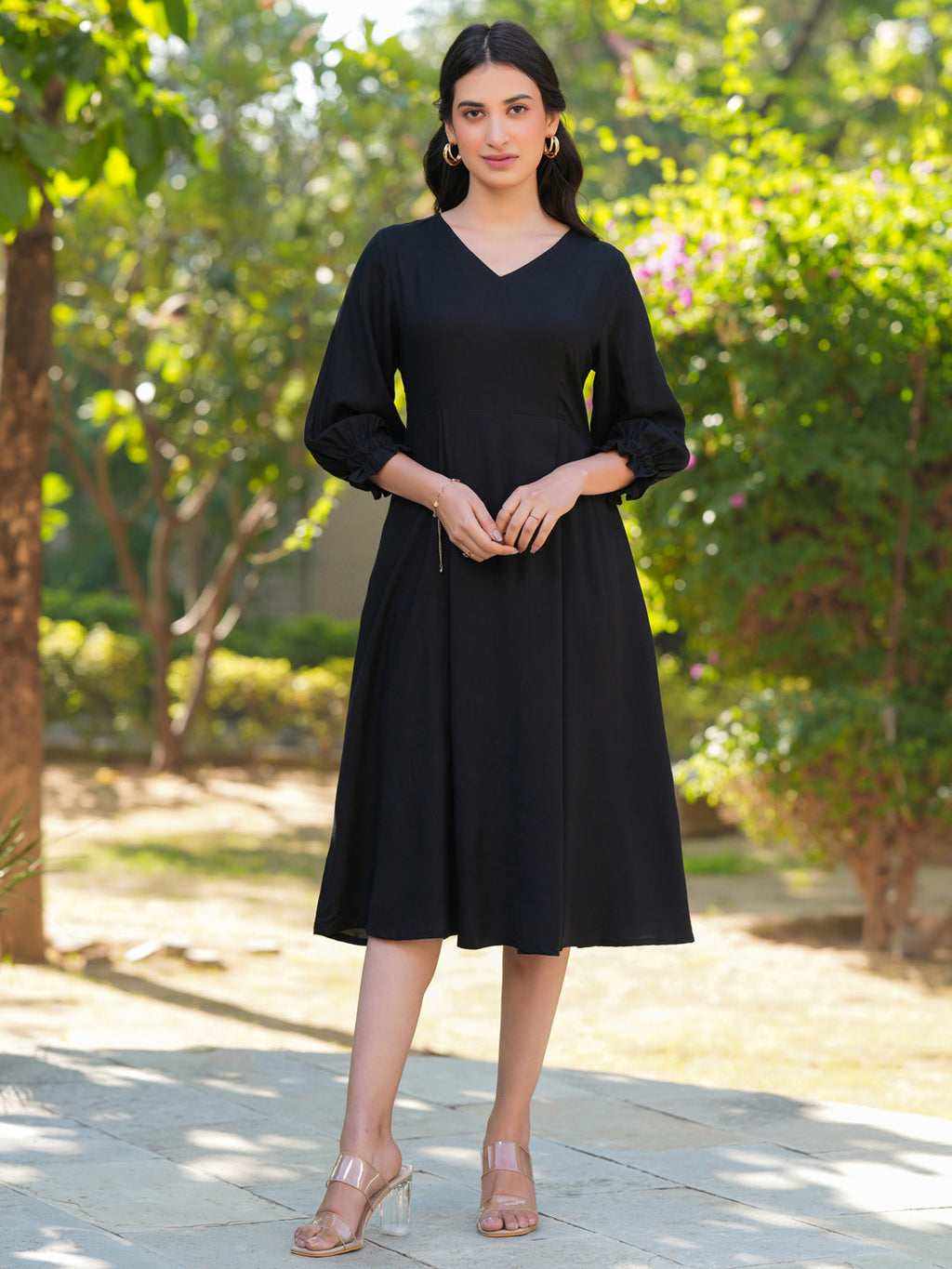 Janasya Dark Rayon Solid A-Line Dress | Grocsy