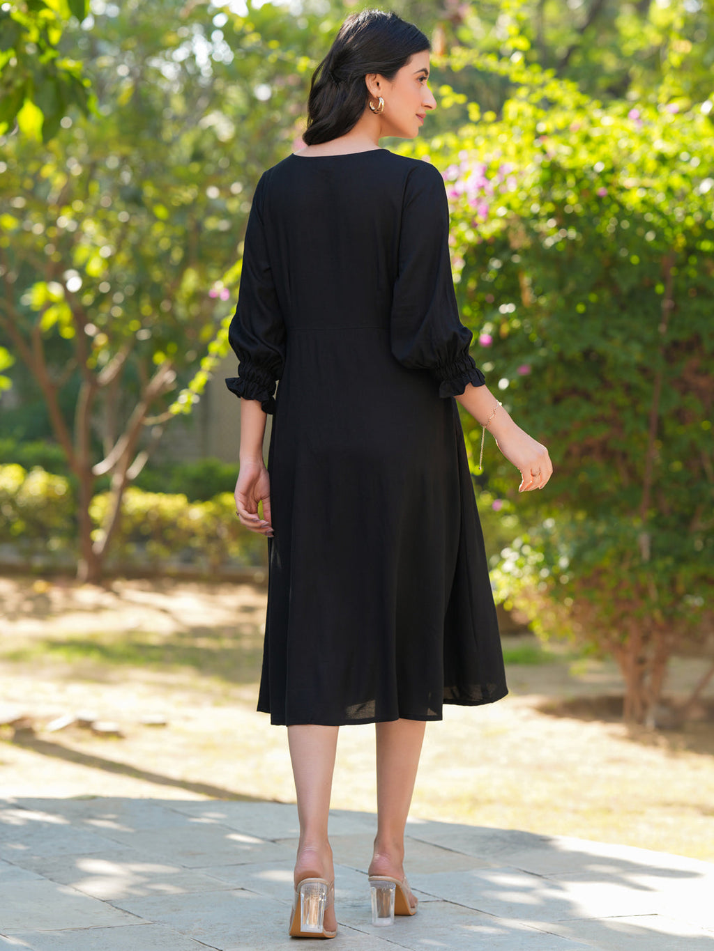 Janasya Dark Rayon Solid A-Line Dress | Grocsy