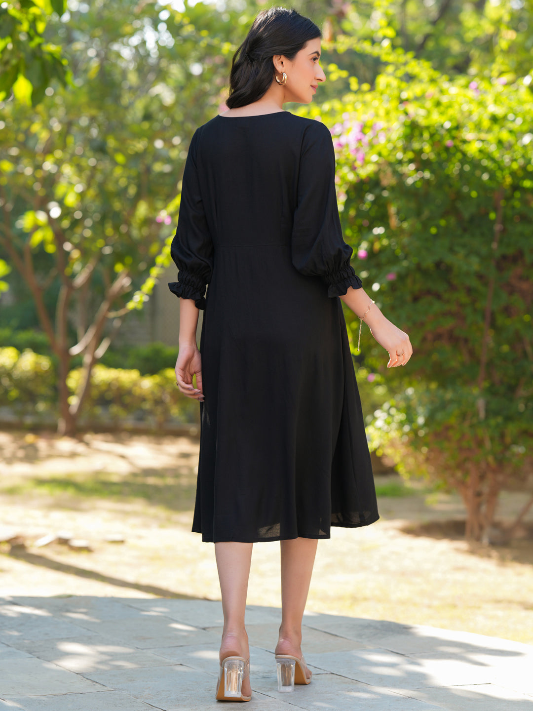 Janasya Dark Rayon Solid A-Line Dress | Grocsy