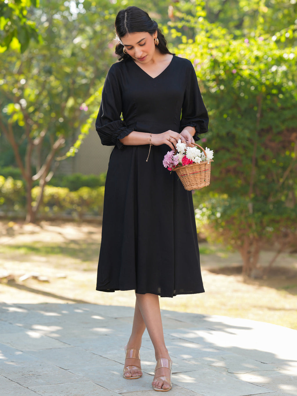 Janasya Dark Rayon Solid A-Line Dress | Grocsy