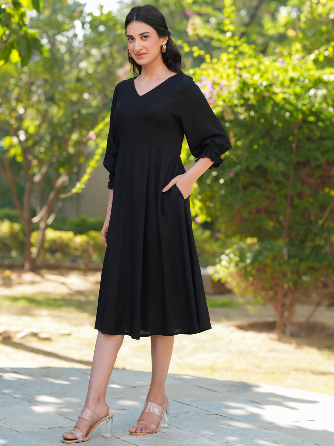 Janasya Dark Rayon Solid A-Line Dress | Grocsy