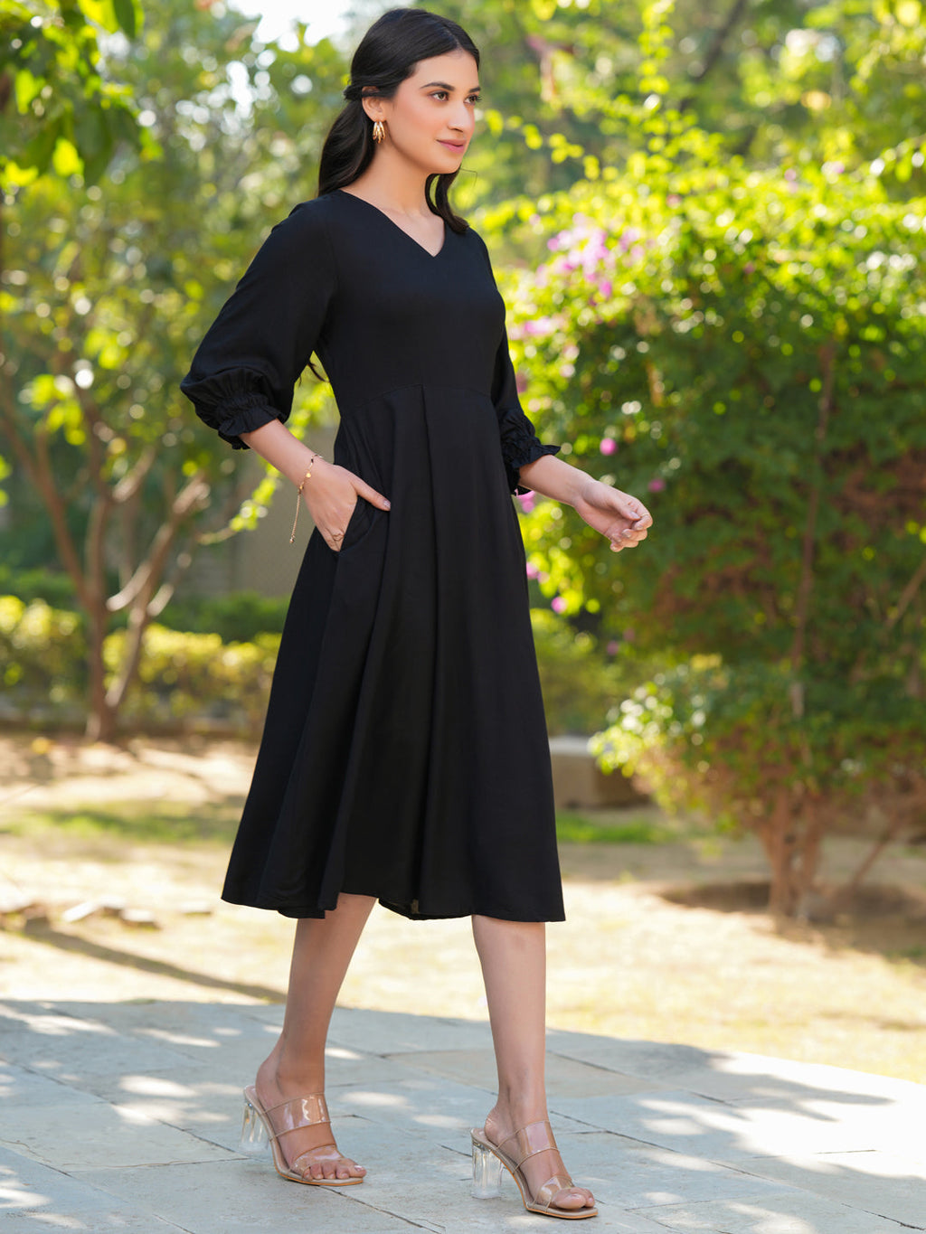Janasya Dark Rayon Solid A-Line Dress | Grocsy