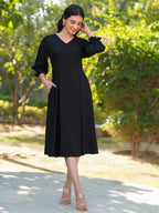 Janasya Dark Rayon Solid A-Line Dress | Grocsy