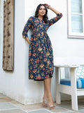 Janasya Dark Cotton Floral A-Line DRESS | Grocsy