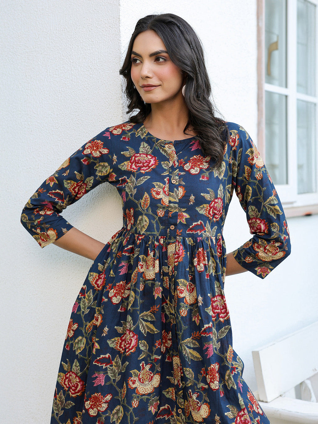 Janasya Dark Cotton Floral A-Line DRESS | Grocsy