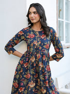 Janasya Dark Cotton Floral A-Line DRESS | Grocsy