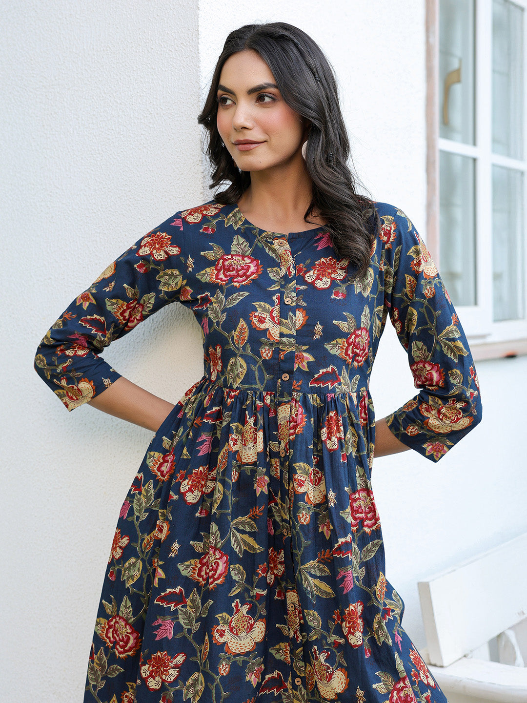 Janasya Dark Cotton Floral A-Line DRESS | Grocsy