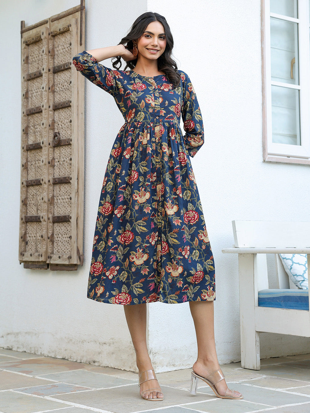 Janasya Dark Cotton Floral A-Line DRESS | Grocsy