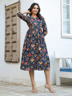 Janasya Dark Cotton Floral A-Line DRESS | Grocsy