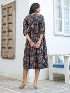Janasya Dark Cotton Floral A-Line DRESS | Grocsy