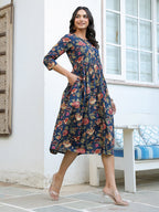 Janasya Dark Cotton Floral A-Line DRESS | Grocsy