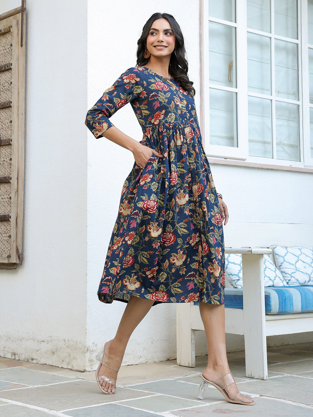 Janasya Dark Cotton Floral A-Line DRESS | Grocsy
