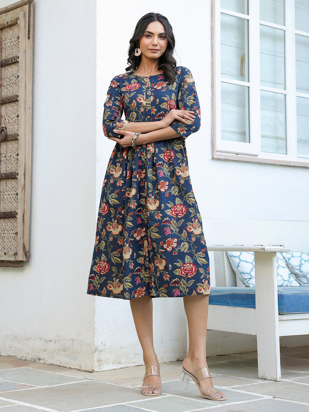 Janasya Dark Cotton Floral A-Line DRESS | Grocsy