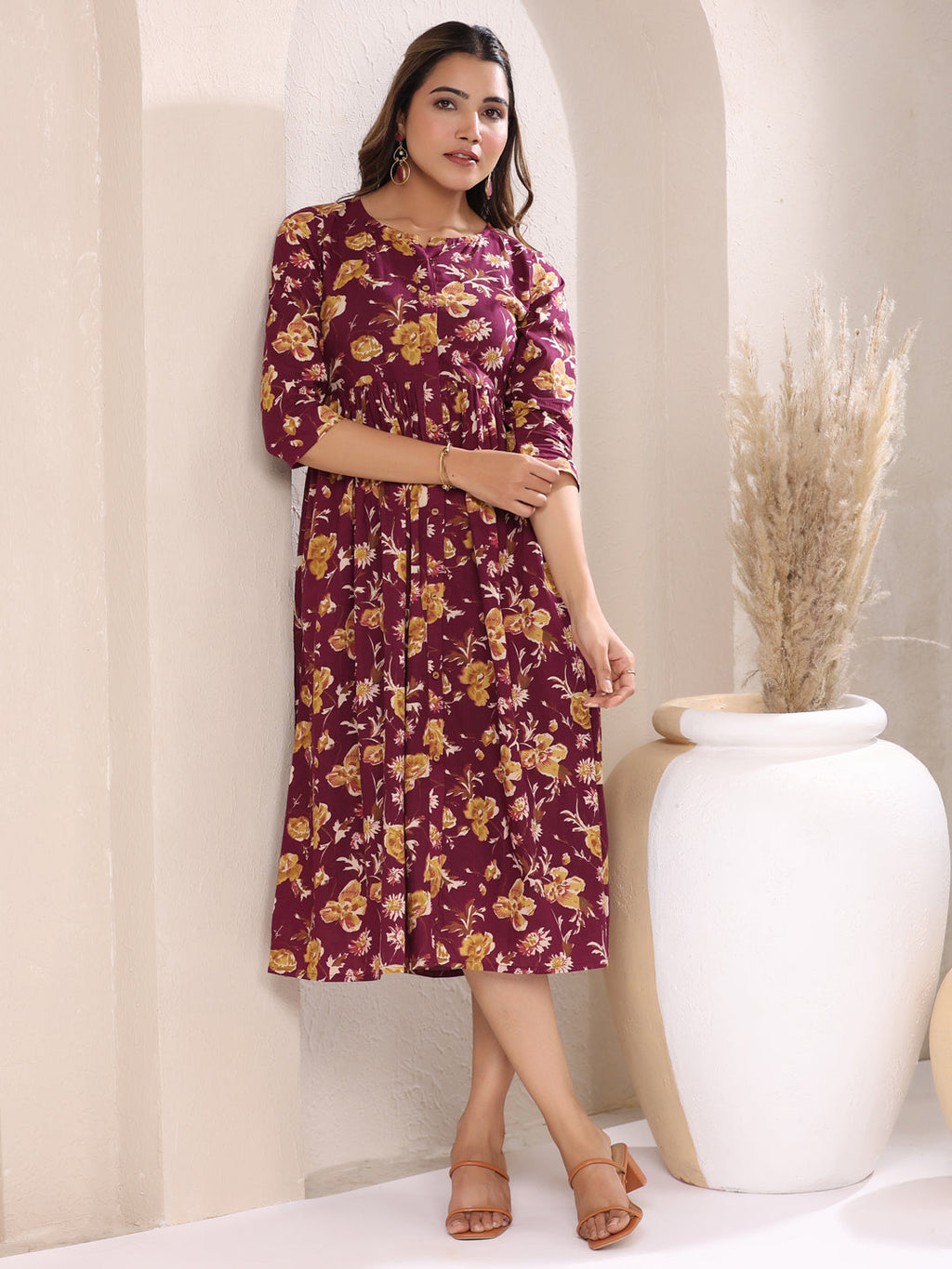 Janasya Dark Cotton Floral Gathered Dress | Grocsy