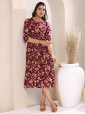 Janasya Dark Cotton Floral Gathered Dress | Grocsy